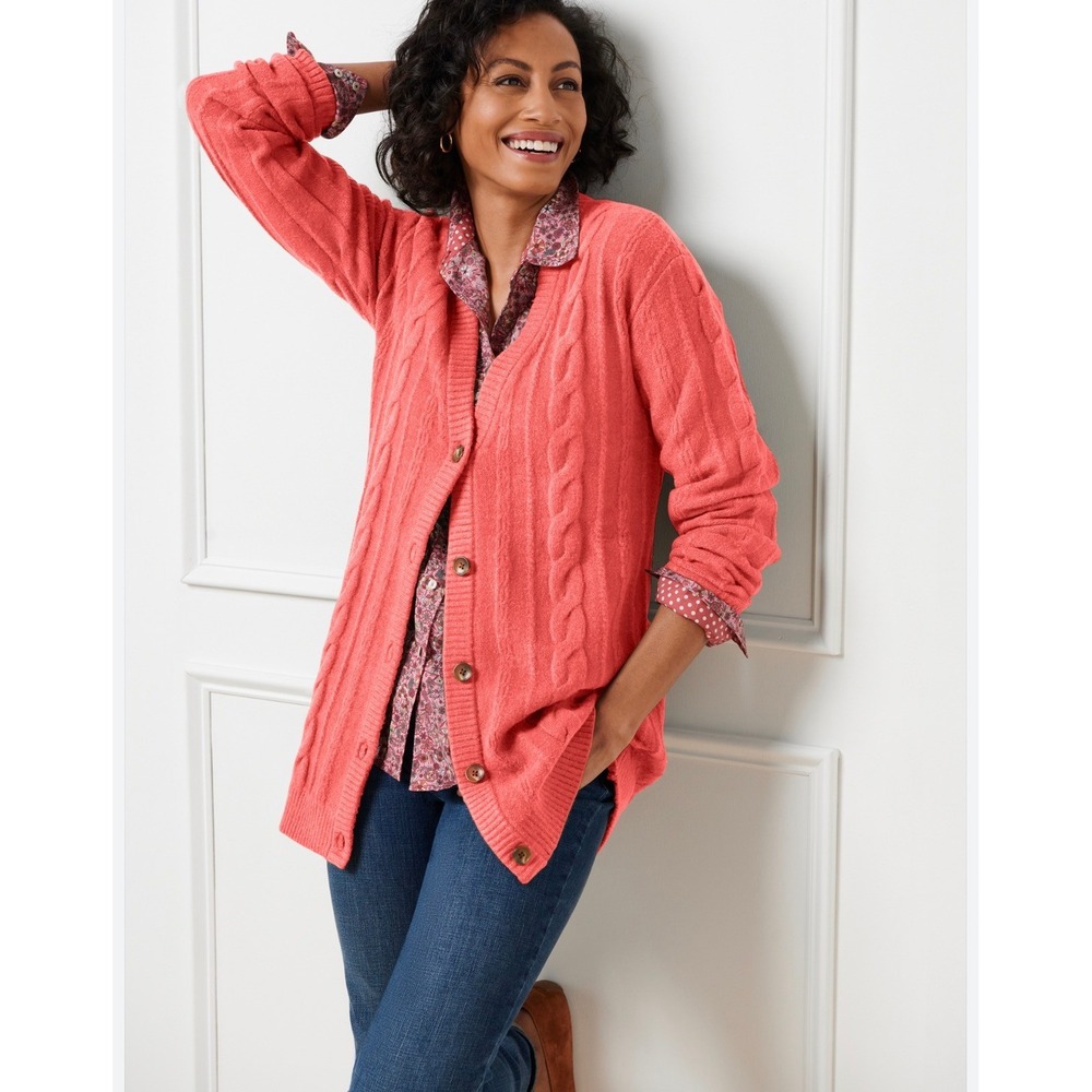 Talbots Women's Coral Cable Knit V-Neck Button Front Cardigan Sweater Small NWT